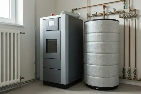 Nowoczesny piec na pellet z zasobnikiem i buforem do pieca na pellet, podłączony do instalacji grzewczej.