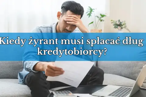 Zmartwiony mężczyzna z dokumentami i kalkulatorem. Kiedy żyrant musi spłacać dług kredytobiorcy?