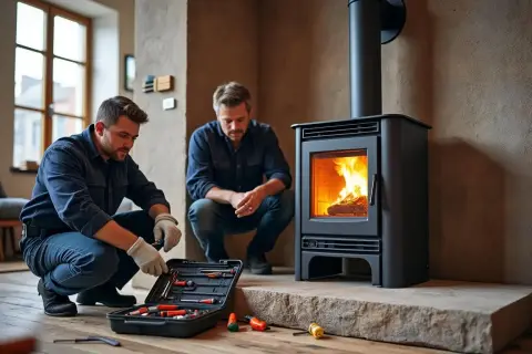 Deux hommes travaillent sur un poêle Invicta allumé, avec une boîte à outils ouverte.