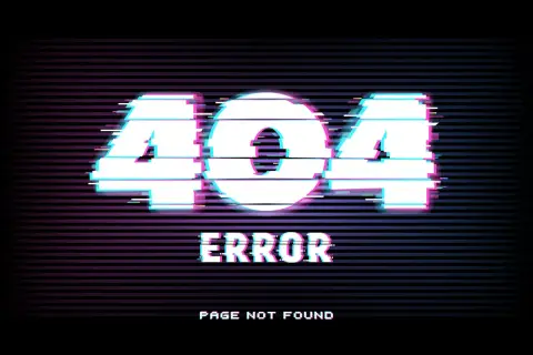 Cyfrowy błąd 404 z efektem glitch. Strona nie została odnaleziona, jakby zaginęła w cyfrowej otchłani.