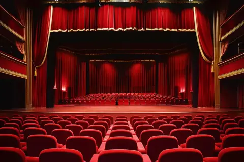 Czerwone aksamitne fotele i zasłony w teatrze rozrywki w Chorzowie czekają na widzów.