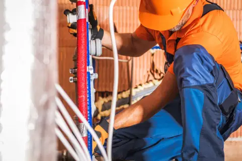 Instalator w pomarańczowym kasku i niebieskich spodniach wykonuje próbę ciśnieniową instalacji wodnej zgodnie z normą, pracując przy czerwonych i niebieskich rurach.