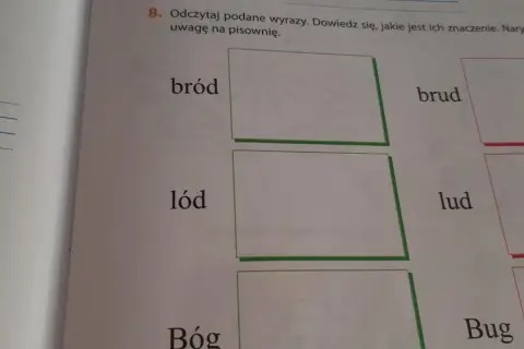 Zadanie z polskiego porównuje wyrazy "bród" i "brud". Obok są też "lód" i "lud", a na górze rysunek raków.
