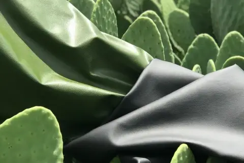 Deux échantillons de cuir végétal, vert et noir, drapés sur des feuilles de cactus.