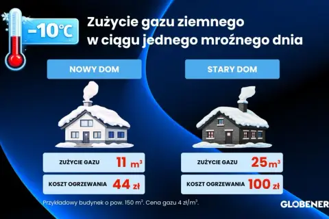 Porównanie zużycia gazu w nowym i starym domu jednorodzinnym podczas mroźnego dnia. Stary dom zużywa ponad dwukrotnie więcej gazu.