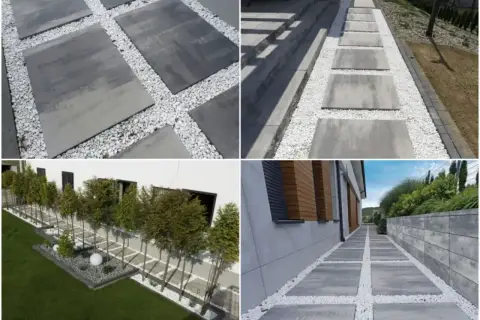 Nowoczesne ścieżki z płyt betonowych i białego żwiru tworzą najtańszą opaskę wokół domu, nadając mu elegancki wygląd.