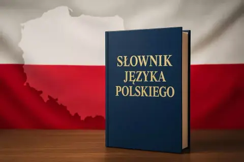 Granatowy słownik języka polskiego na tle polskiej flagi i mapy Polski.