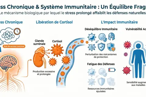 Le stress chronique épuise les ressources immunitaires, affaiblissant les défenses naturelles et augmentant la vulnérabilité aux maladies.