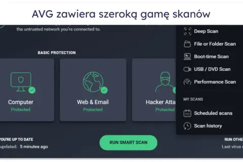 Darmowy antywirus AVG oferuje różne opcje skanowania, w tym skanowanie komputera, sieci i poczty.