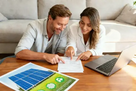 Para analizują rachunki i panele słoneczne, zastanawiając się, ile kosztuje 1 kWh energii.