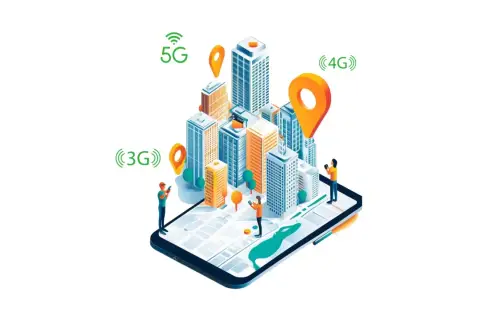 Wizualizacja pokazuje miasto z wieżowcami, mapę na ekranie smartfona i ikony 3G, 4G, 5G. Kto operator ma najlepszy zasięg?