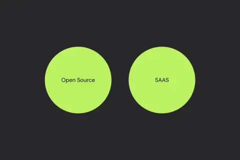 Dwa jasnozielone okręgi na ciemnym tle, z napisami "Open Source" i "SAAS".