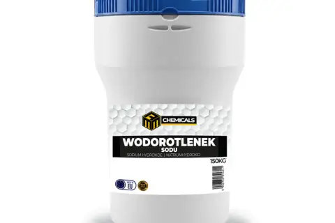 Biały pojemnik z niebieską zakrętką zawiera 150 kg wodorotlenku sodu (sodium hydroxide).