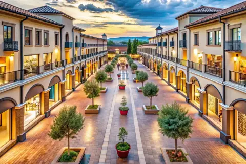 Allée d'un **outlet en Italie** bordée de boutiques élégantes, d'arbres en pots et éclairée par des lumières chaudes au crépuscule.