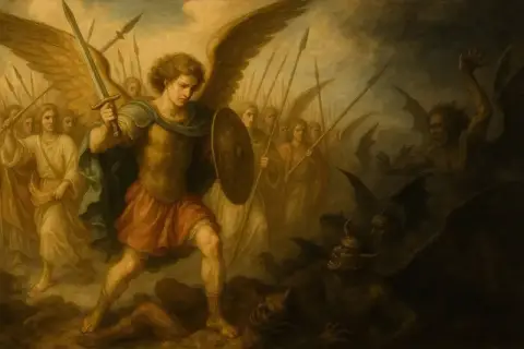 Archanioł Michał w zbroi, z mieczem i tarczą, prowadzi anielskie zastępy do walki z demonami.