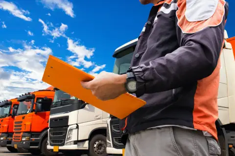 Kierowca z teczką, na której widnieje świadectwo kwalifikacji zawodowej, stoi przed rzędem ciężarówek.