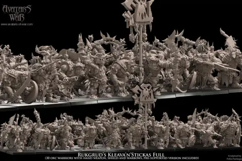 Horda orków z Avatars of War, gotowa do walki. Te figurki to prawdziwi "avatars of war", każdy z własną bronią i tarczą.