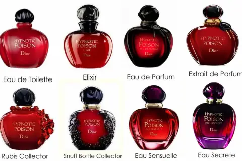 Kolekcja flakonów Hypnotic Poison Dior: Eau de Toilette, Elixir, Eau de Parfum, Extrait de Parfum, Rubis Collector, Snuff Bottle Collector, Eau Sensuelle, Eau Secrete.