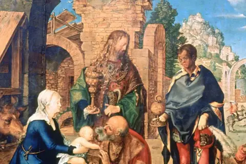 Albrecht Dürer, najważniejsze dzieła: Pokłon Trzech Króli z 1504 roku, z Maryją, Dzieciątkiem Jezus i hojnymi darami.