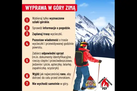 Zimowa wyprawa w góry: wskazówki dotyczące bezpieczeństwa. Narciarz na tle ośnieżonych szczytów.