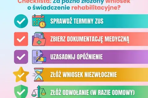 Checklista: Sprawdź terminy ZUS, zbierz dokumentację, uzasadnij opóźnienie, złóż wniosek niezwłocznie, by otrzymać świadczenie rehabilitacyjne.
