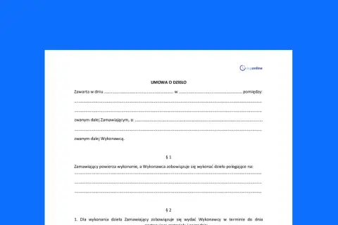 Strony umowy o dzieło: nagłówek "UMOWA O DZIEŁO", pola na dane stron i opis przedmiotu umowy.