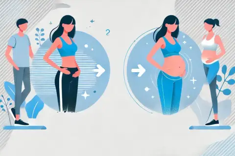 Kobieta w ciąży i po ciąży. Ilustracja pokazuje zmiany w sylwetce, w tym brzuch po ciąży.