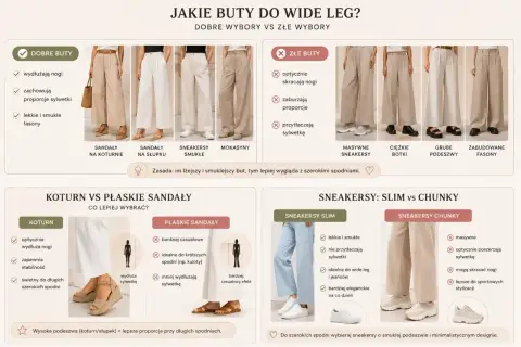 Jakie buty do szerokich eleganckich spodni? Wybieraj lekkie, smukłe koturny, sandały na słupku lub sneakersy slim. Unikaj masywnych, ciężkich butów.