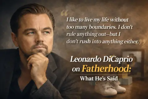 Leonardo DiCaprio z ręką na brodzie, cytat o ojcostwie i dziecięce buciki.