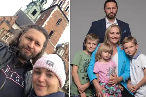 Dominika Chorosińska z mężem i dziećmi na tle Wawelu i w studiu. Rodzina prezentuje się radośnie.