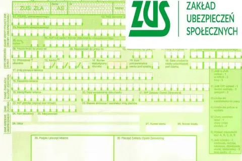Formularz ZUS ZLA z zielonym logo ZUS i polami do wypełnienia.