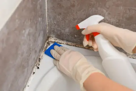 Rękawiczki i gąbka do czyszczenia fug z pleśni w łazience. Spray z płynem czyszczącym w dłoni.