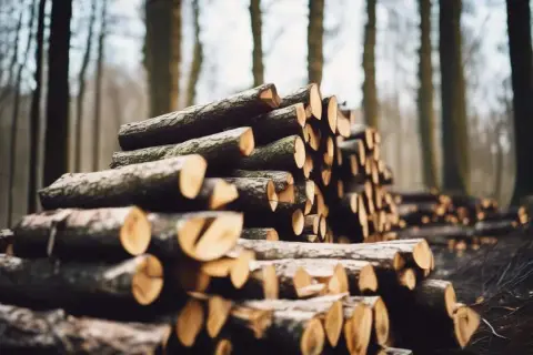 Un tas de frêne bois de chauffage empilé dans une forêt brumeuse, prêt pour l'hiver.