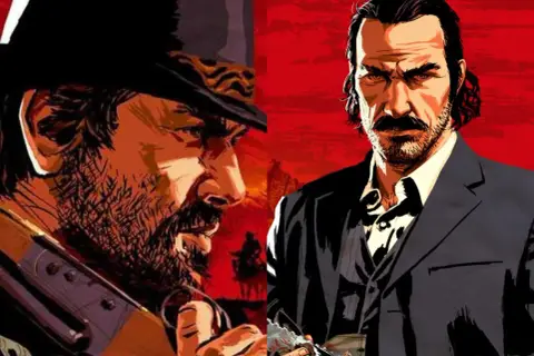 Dwóch mężczyzn z gry Red Dead Redemption, jeden z karabinem, drugi w garniturze. Fani zastanawiają się, kiedy będzie Red Dead Redemption 3.