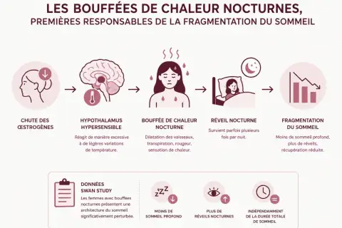 Chute d'œstrogènes, hypothalamus hypersensible, bouffées de chaleur nocturnes, réveils fréquents, fragmentation du sommeil. La fatigue liée à la ménopause est expliquée.