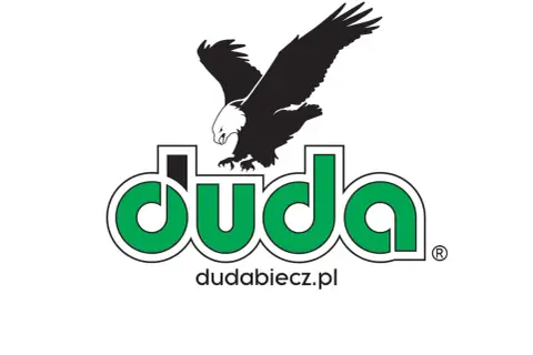 Logo zakładu galanterii drzewnej Duda: orzeł nad zielonym napisem "duda" i adresem dudabiecz.pl.