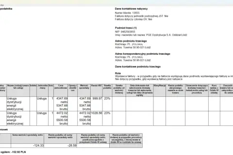 Nota korygująca do faktury za energię elektryczną. Wartość netto: -124.33 PLN, VAT: -28.59 PLN.