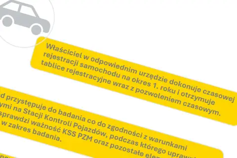 Szary symbol samochodu obok żółtego paska z tekstem o czasowej rejestracji pojazdu i badaniach technicznych.