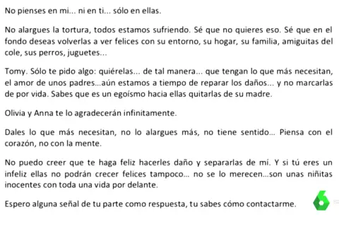 Carta a una hija que no quiere a su madre. Pide que cuide a sus hijas, Olivia y Anna, y que no las separe de ella.