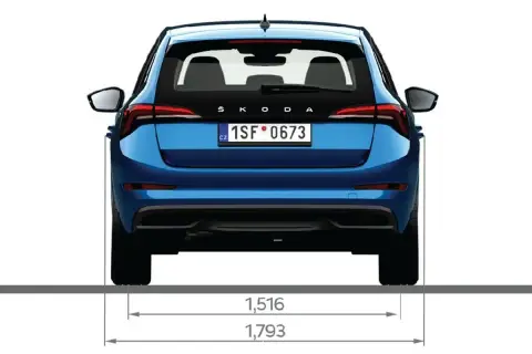Niebieska Skoda Scala z tyłu, z widocznymi wymiarami 1,516 m i 1,793 m.