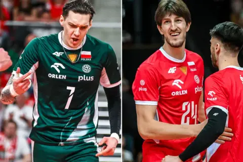 Siatkarze reprezentacji Polski w zielonych i czerwonych strojach. Młodzi sportowcy, których średnia wieku reprezentacji Polski jest niska, walczą o zwycięstwo.