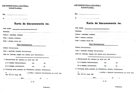 Karta do bierzmowania św. - dokument potrzebny, by uzyskać zaświadczenie o bierzmowaniu. Wypełnij dane chrztu, urodzenia i bierzmowania.