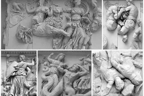 Dettagli del fregio dell'altare di Pergamo: divinità e giganti in lotta.
