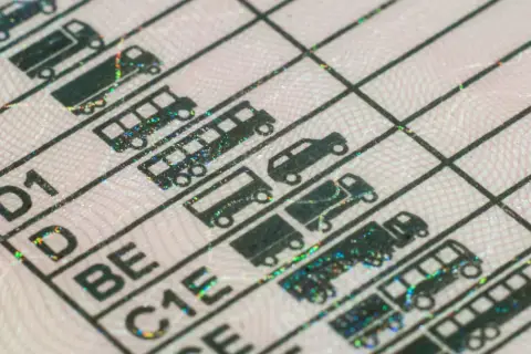 Fragment prawa jazdy z kategoriami pojazdów, symbolizujący możliwość uzyskania prawo jazdy bezterminowe. Widoczne ikony samochodów, autobusów i ciężarówek.