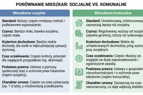 Porównanie mieszkań: socjalne vs. komunalne. Mieszkanie komunalne to uregulowany najem, niższy od rynkowego, z zazwyczaj dłuższym czasem oczekiwania.