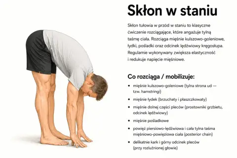 Mężczyzna wykonuje skłon w staniu, rozciągając tylną taśmę ciała. To ćwiczenie pokazuje, co daje stretching: zwiększa elastyczność i redukuje napięcie mięśni.