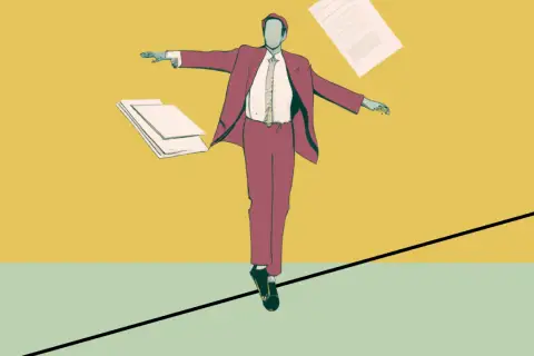 Biznesmen balansuje na linie, trzymając dokumenty. Kluczowe jest, jak negocjować wysokość zaliczki przy kontrakcie wydawniczym, by utrzymać równowagę.