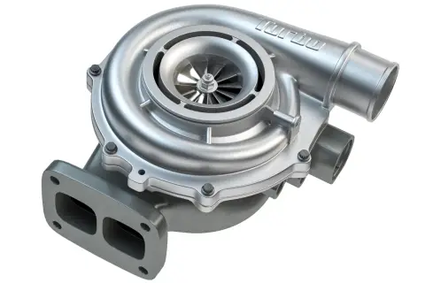 Metalowa turbosprężarka z widocznym wirnikiem i napisem "TURBO". Zastanawiasz się, ile koni daje turbosprężarka?