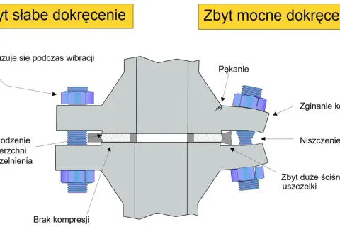 Ilustracja pokazuje skutki zbyt słabego i zbyt mocnego dokręcenia połączenia kołnierzowego. Zbyt słabe dokręcenie powoduje luzowanie śruby, uszkodzenie uszczelki i brak kompresji. Zbyt mocne dokręcenie prowadzi do pękania, zginania kołnierza, niszczeni...