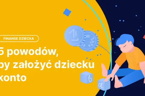 Finanse dziecka: 5 powodów, by założyć konto. Chłopiec bawi się kostkami z literami, a obok leżą monety.